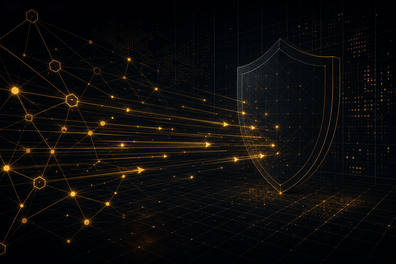Abstract illustration of machine-speed cyber offense — amber signal lines across a dark network grid.